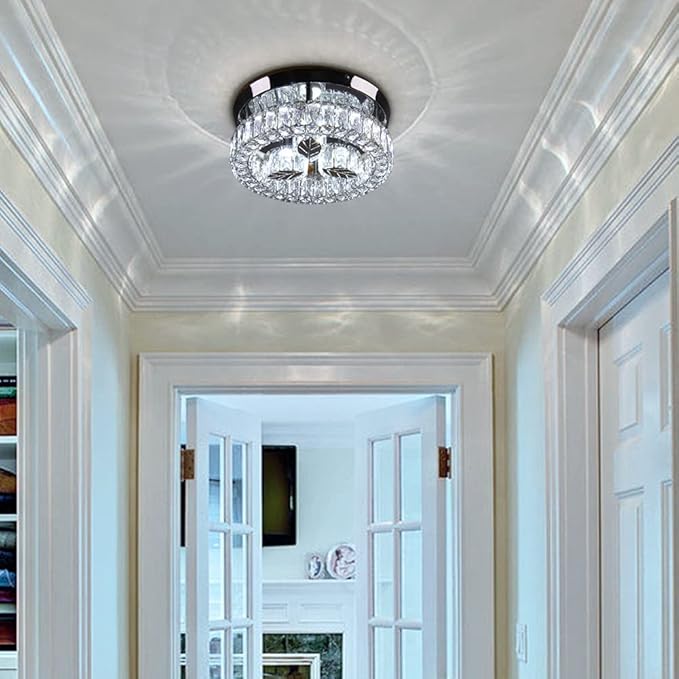 Finktonglan 11.6" Crystal Flush Mount LED Ceiling Light, 30W 6500K Cool White, Round Leaf Design, K9 Crystal & Stainless-Steel, Non-Dimmable, 85–260V