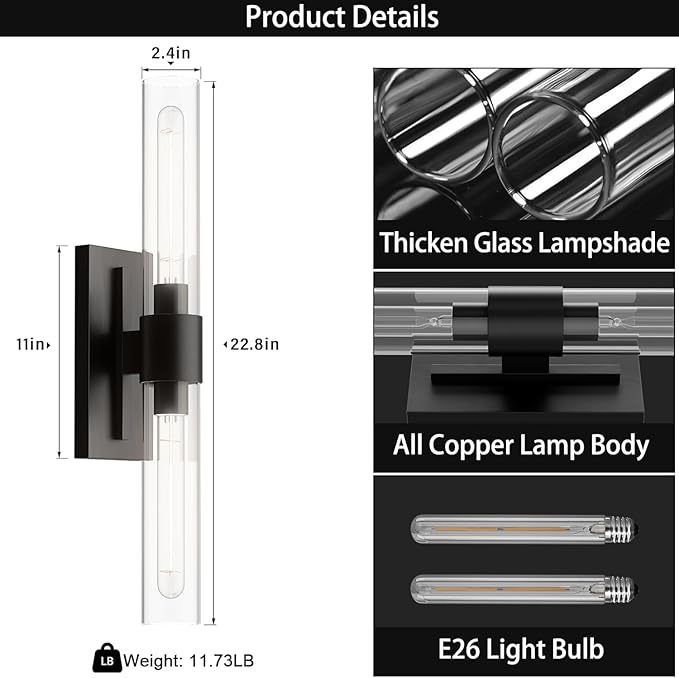 Black 22.8" Sconces Wall Lighting,Bathroom Vanity Lights Fixtures with Clear Glass Shade Wall Lamp for Mirror, Living Room, Bedroom, Hallway, Fireplace, Staircas（Including Bulb）