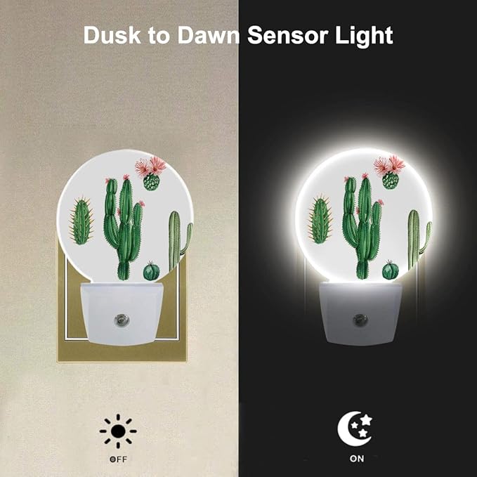 EKOBLA Plug in Cactus Night Light Exotic Cactus Pink Flower Desert Plant Green Night Lights Plug into Wall Round Lamp for Girls Boys Bedroom Bathroom Led Wall Decor