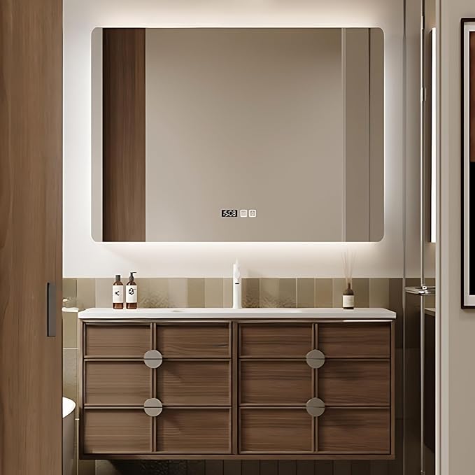 Bathroom Vanity - Wall Mounted Cabinet with 4 Drawers & Integral Ceramic Wash Basin | Smart Mirror Including LED Light Defogging (Style B, 50in)