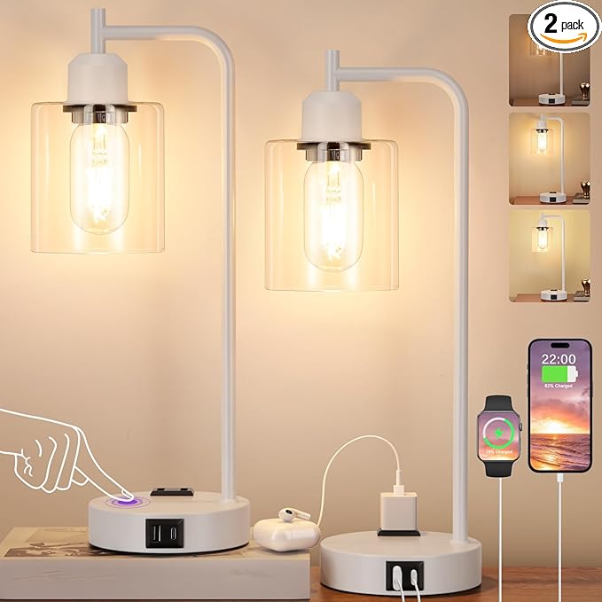 Innqoo Industrial White Table Lamps for Bedrooms Set of 2-3-Way Dimmable Desk Lamp with USB C+A Ports and Outlet, White Lamps with Clear Glass Shade for Living Room