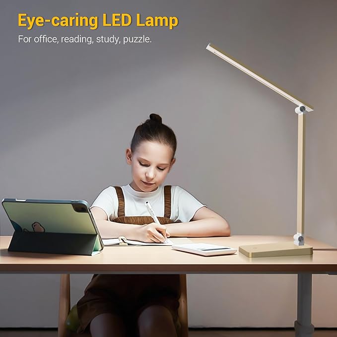 LED Desk Lamp for Home Office, 3 Levels Dimmable Reading Desk Light with USB Charging Port, Desk Accessories Touch Control Table Lamp, Eye-Caring Small Study Lamp for College Dorm Room, Gold, 5000K