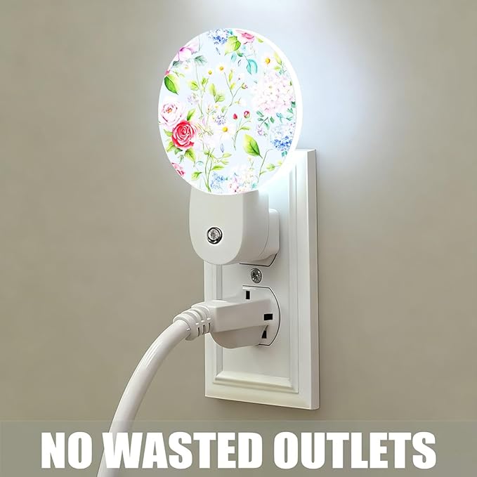 Plug-in Vintage Floral Night Light Roses Hydrangeas and Daisies on Blue Night Lights Plug into Wall with Auto on/Off Sensor, 0.5W LED Nightlight for Bedroom Bathroom Kitchen Hallway