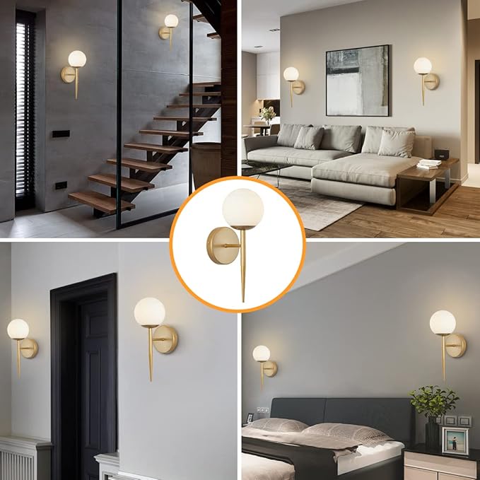 BOKT Mid Century Modern Globe Wall Sconce Set of Two Brushed Brass Bathroom Wall Sconce Light Set of 2 Frosted White Glass Gold Wall Lamp 2-Pack Bedroom Wall Lights (White)