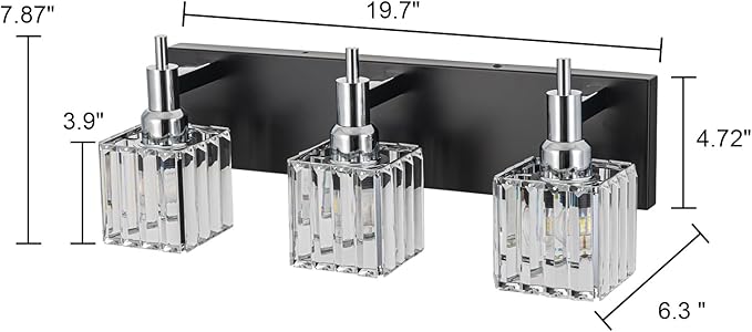 Black Chrome Bathroom Vanity Lights, Modern 3 Lights Crystal Bathroom Lighting Fixtures Over Mirror Wall Light with Square Shade