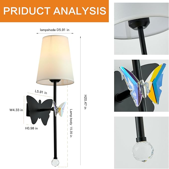 Black Wall Lights Battery Operated Set of 2, Rechargeable Wall Lights with Butterfly, Battery Powered Sconces Indoor Wall Lamps for Bedroom Living Room Hallway Stairs Bathroom