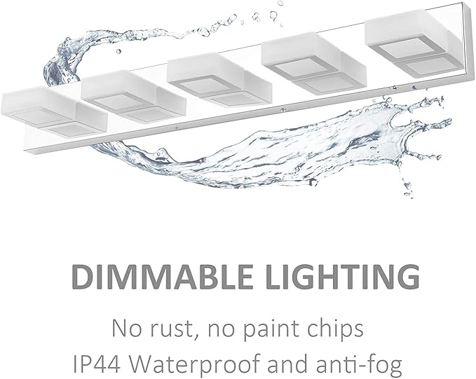 Ralbay Dimmable Chrome Bathroom Light Fixtures 5 Lights Modern LED Vanity Light Fixtures Acrylic Stainless Steel Chrome Bathroom Vanity Wall Lighting Over Mirror