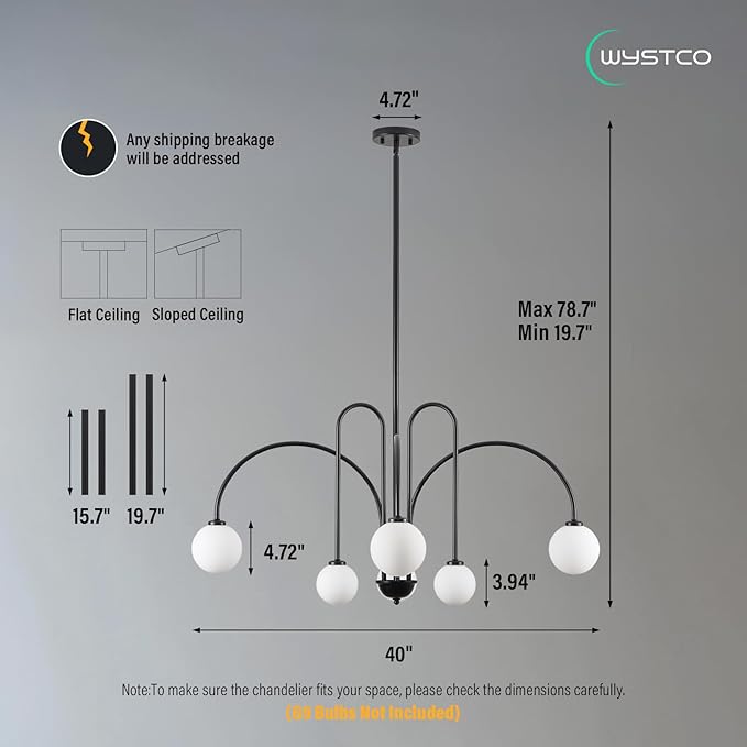 Modern Sputnik Globe Chandelier, 6-Light Black Linear Chandeliers for Dining Room and Kitchen Island, Mid Century Light Fixture Over Table, (Milk White Glass Bubble Shades, 40 Inch)