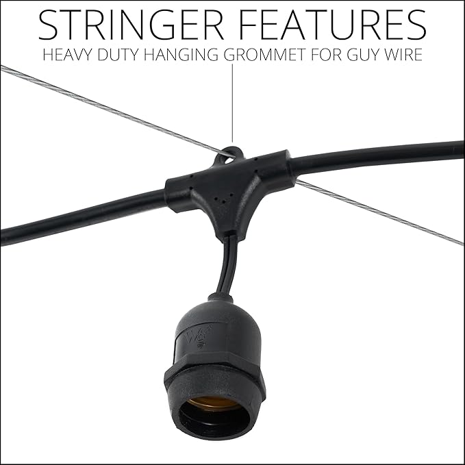 15-ft 10 Suspended Sockets E26 Commercial Patio Light Stringer, Heavy Duty Weatherproof SJTW Black Wire, 18" Spacing, 16 AWG, Cord Only