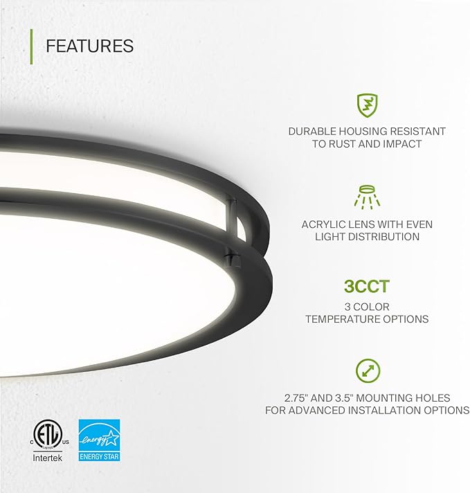 ASD LED 18" Round Flush Mount Lighting, Close to Ceiling Light Fixture | 3CCT, Dimmable, Energy Star, ETL Listed | 28W 2250LM 3000-5000K 120V | Low Profile Double Ring Lamp | Black, 2 Pack