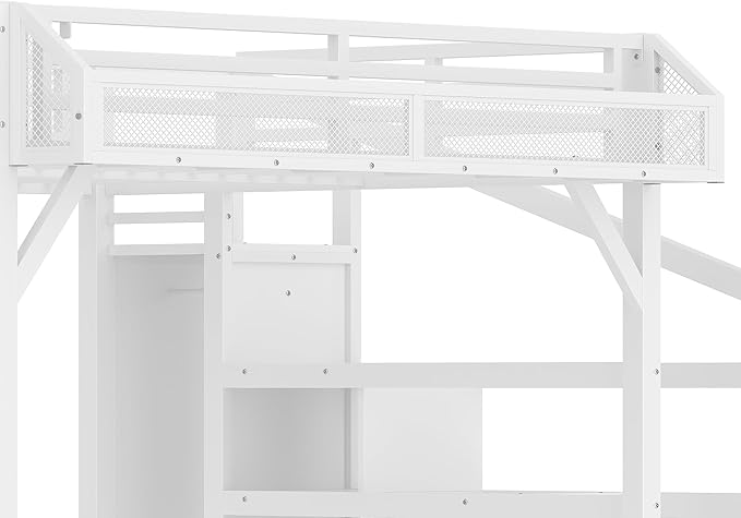 Bellemave Queen Loft Bed Frame with Storage Stairs, Beside Shelf & Wardrobe, Metal Queen Size Loft Bed with USB Ports&LED Light, Large Under-Bed Space Loft Beds for Adults,Teens, Kids, White
