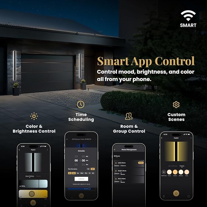 𝗠𝗢𝗗 𝗟𝗜𝗚𝗛𝗧𝗜𝗡𝗚 Waterproof Outdoor Wall Light with Smart Home App, Wi-Fi/Bluetooth, Adjust 3000K-6000K & Brightness, LED Long Porch Lights with App Control, 1-Pack (12" | Smart Home)