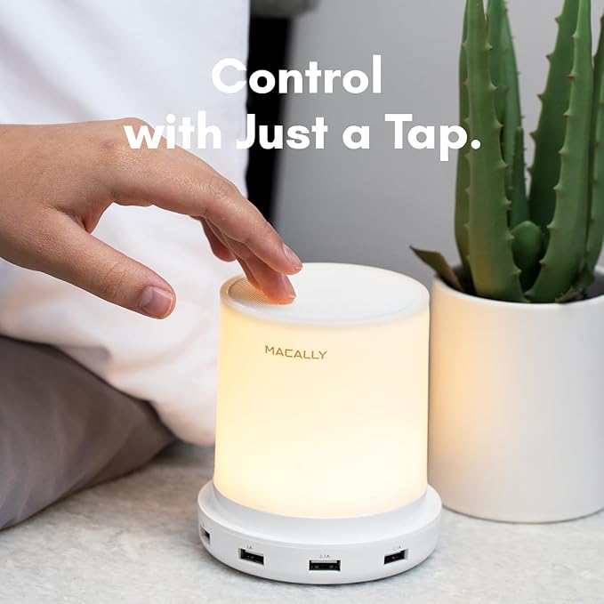 Macally Small Touch Lamps for Nightstand - Bedside Lamp with USB Port - 3 Way Dimmable Short Table Lamp for Small Spaces - Use as Night Light and Charger in Bedroom
