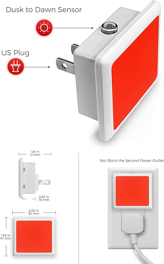 L LOHAS LED Red Night Lights Plug into Wall 2-Pack, 0.3W Plug in Night Light, Dusk to Dawn, Bright Nightlight Auto-On/Off, for Adults Kids Room Bedroom Bathroom Hallway Kitchen, Non-Dim