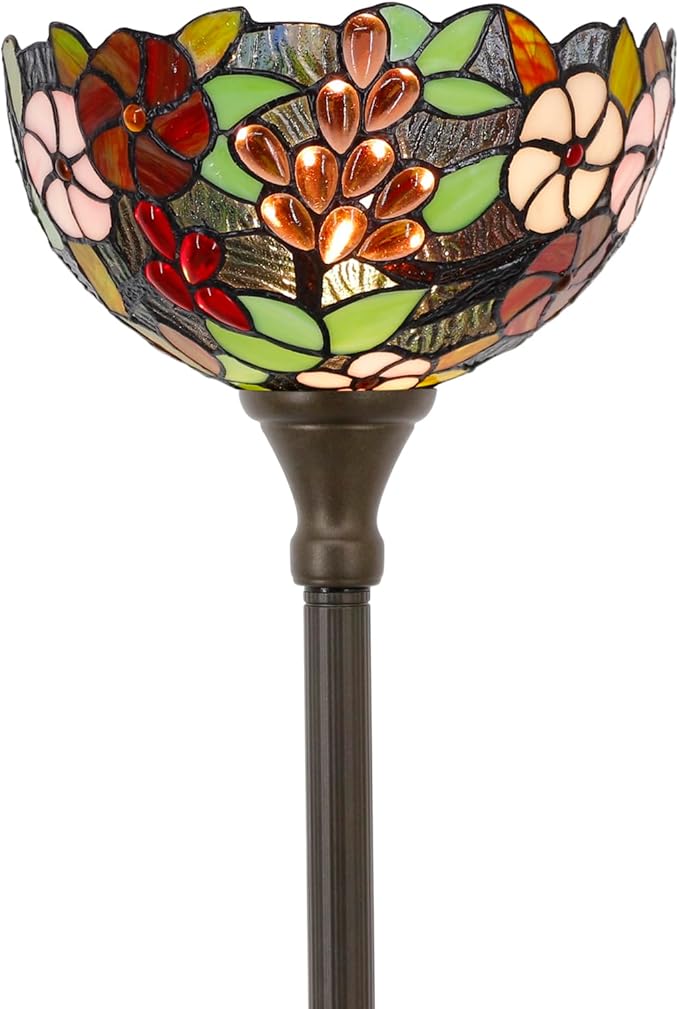 Tiffany Torchiere Floor Lamp Stained Glass Purple Grape Style Standing Corner Torch Uplight 12X12X72 Inch for Bedroom Living Room Home Office
