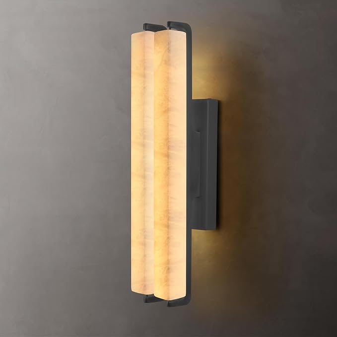 Alabaster Wall Sconce, 19" Natural Marble Wall Sconce, Black Alabaster Double Sconces, Bronze Modern Bathroom Sconces, Indoor Wall Lighting for Living Room, Bedroom, Hallway, Staircase