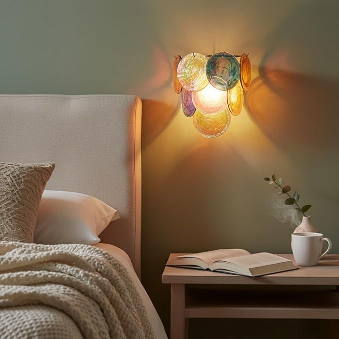 Modern Artistic Wall Sconce, Iridescent Layered Glass Disc Wall Lamp, Unique Creative Decorative Lighting Fixture, for Bedroom, Living Room, Hallway, Entryway Decor(Dark Green)