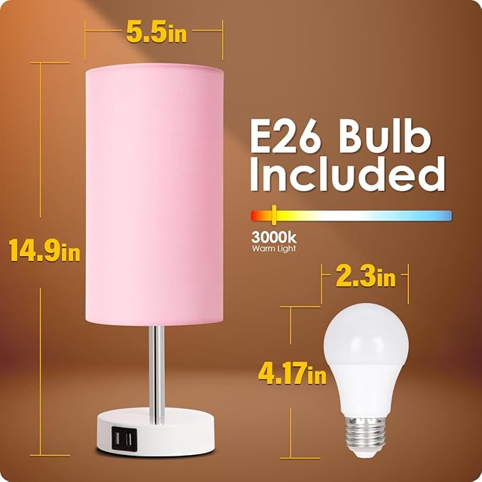 Yarra-Decor Desk Lamp with USB Port, Touch Control Desk Lamp with 3 Levels Brightness, Bedside Table Lamp with Round Pink Shade for Bedroom, Living Room, Dorm, Home Office