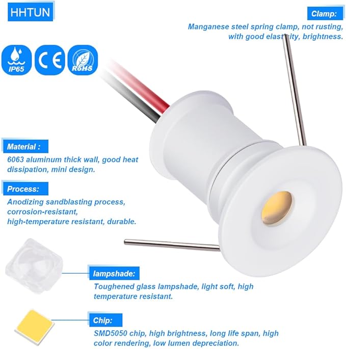 902 120°LED mini Spotlight,DC12V 1W,80Ra,75lm,Small Size,Embedded Installation,Suitable for Cabinet Lighting Such as Wine cabinets,Shoe cabinets,etc.,with Power Supply(6000K,White,9Pack)