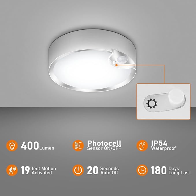 TOOWELL Motion Sensor Ceiling Light Battery Operated Indoor LED Ceiling Lights for Closet Hallway Pantry Laundry Stairs Garage Bathroom Shower Porch Shed Wall 400LM Motion Activated Light - 2 Pack