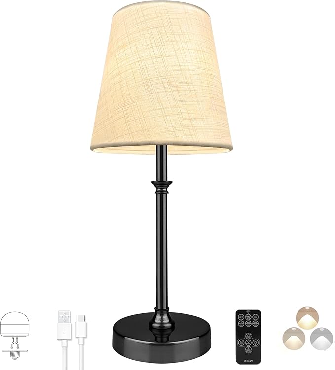BLUEYE Rechargeable Table Lamps,Remote Control,5200mAh,2700K-6000K,No Flicker,Replaceable Bulb,450Lumens,40W Equivalent,Detachable Charging,3 Timers,White Shade,Cordless for Restaurant,1Pack,Black