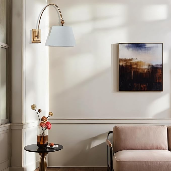 Antique Brass Swing Arm Wall Lamp, Classic Adjustable Reading Light with Fabric Shade for Bedroom Living Room