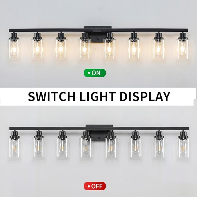 8 Light Bathroom Vanity Lights Over Mirror, 52inch Black Vanity Lights Fixtures Matte Black Modern Vanity Lights Black Bathroom Wall Lighting for Mirror Bedroom,Living Room