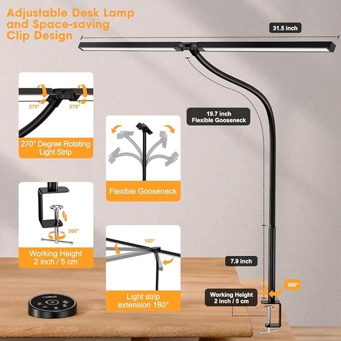 Led Desk Lamp for Office Home - Eye Caring Architect lamp with Clamp,Dual Screen Computer Monitor Work Smart Light: 24W 5 Color Flexible Adjustable Lighting Table Lamp for Study Drafting