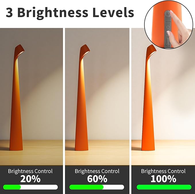 Cordless Desk Lamp, Portable Table Light, Rechargeable Touch Lamp, LED Lamp Battery Operated with 3 Brightness Levels for Bedside Dorm Reading (Orange)