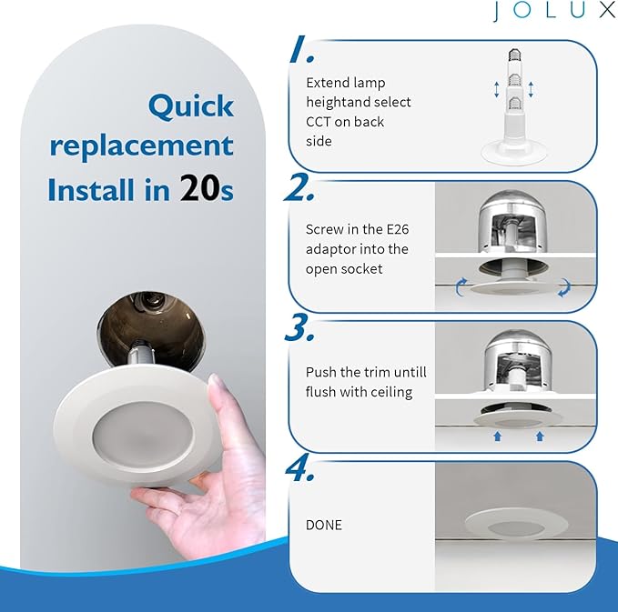 Jolux 4 Inch 5CCT LED Can Lights Adjustable Recessed Retrofit Downlight,Recessed Lighting CCT Selectable 2700K/3000K/3500K/4000K/5000K,6W=40W,500LM,Dimmable,E26 Screw Base,Bevel Trim,4-Pack.…