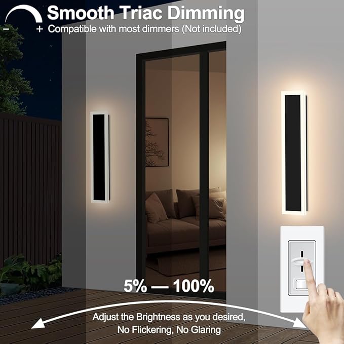 2-Pack 24IN Modern Outdoor Wall Light LED Long Wall Lighting Fixture IP65 Waterproof Wall Lamps, Dimmable 24W 2200LM Black Wall Sconce, 3000K/4000K/5000K Selectable, ETL