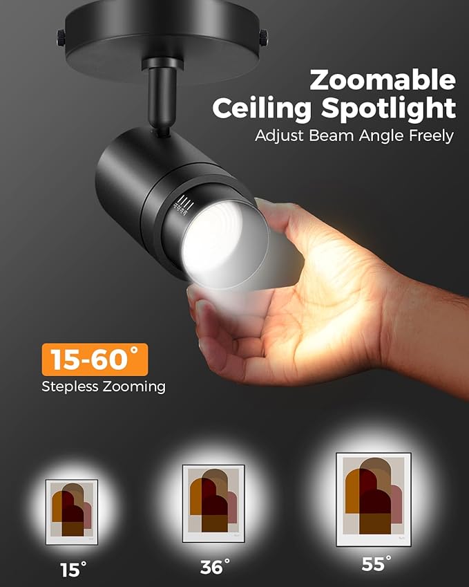 Zoomable LED Ceiling Spot Lights Indoor Adjustable Ceiling Spotlight Fixture Directional Ceiling Light Dimmable Flush Mount Can Accent Lighting for Kitchen Art Picture - 12W 1000lm Black 3000K