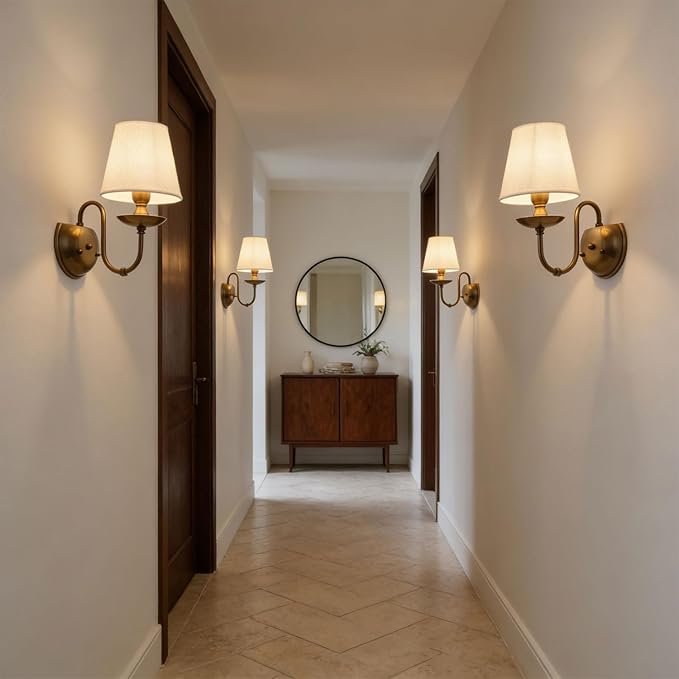 Aiwen Bedroom Wall Lamps Polished Solid Brass Finish Wall Lights with White Flax Fabric Shade 1-Light Vintage Reading Lights Wall Sconces for Bedside Hallway E12