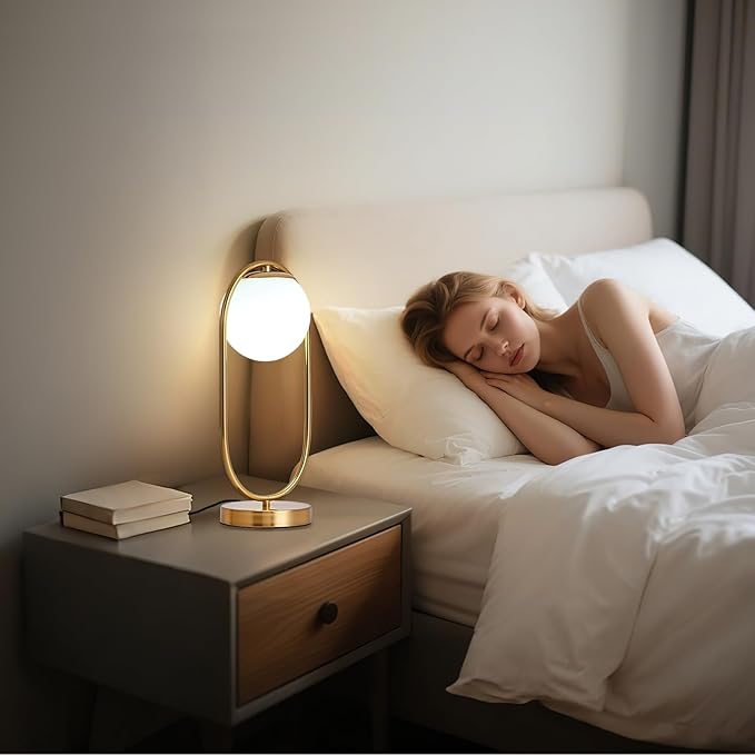 NKU Mid Century Modern Table lamp Luxury Bedroom Bedside Night Light Boho Vintage Glass Globe Table lamp with Led for Farmhouse Office Desk lamp