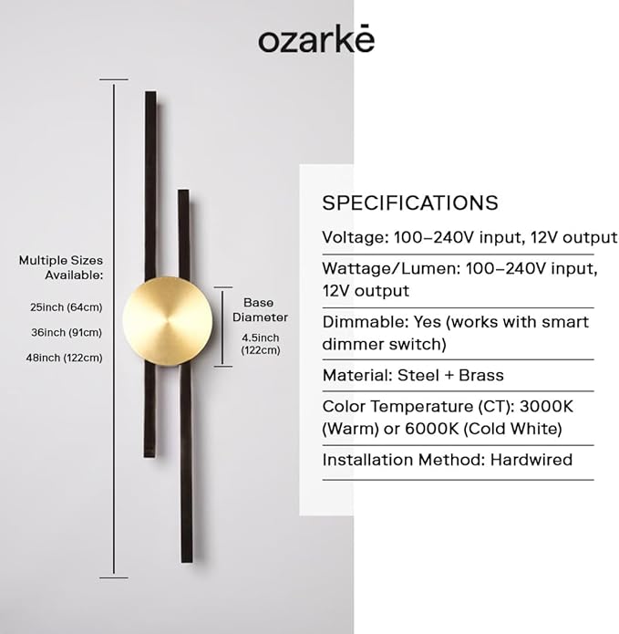 Ozarke Elles Minimalist LED Light Sconce, Modern Linear Wall Lamp, Black, Gold, Warm White, Cold White, UL Listed (Cold White 6000k - Dimmable, 25 inches Black Circle - Gold Bars)