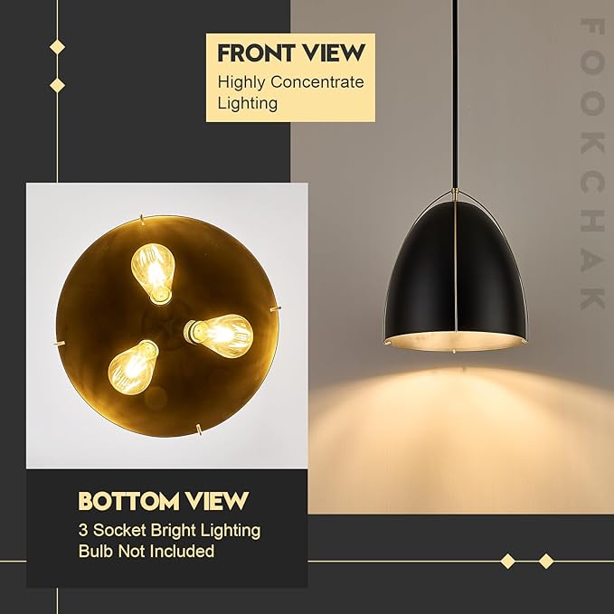Black Dome Pendant Light 3 Light Socket Large Pendant Light Fixture with Adjustable Pendant Rod 12in Black Gold Pendant Lighting for Kitchen Island Dining Room Kitchen Sink, E26