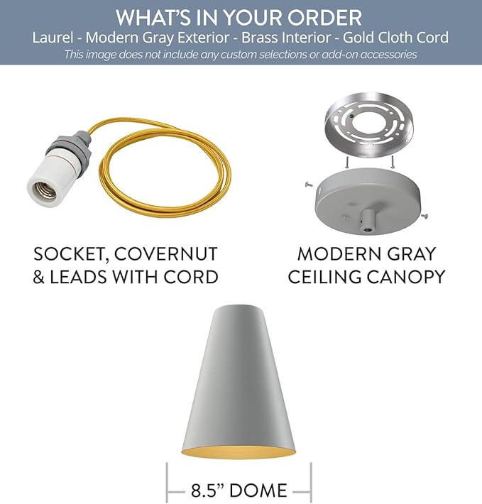 Steel Lighting Co. Laurel Pendant Light | Ceiling Mounted | 8.5 inch Cone Shade | Modern Contemporary Farmhouse Style Made in America | Gold Cloth Cord | Modern Gray Exterior/Brass Interior