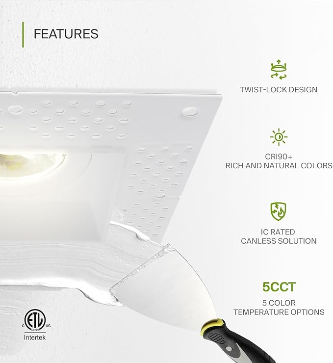 ASD Trimless 3 Inch LED Recessed Lighting, 12W 120V Commercial Square Downlight, Canless Dimmable Lights for Ceiling with J-Box, 5 CCT 2700K-5000K, CRI 90+, IC Rated, ETL, White