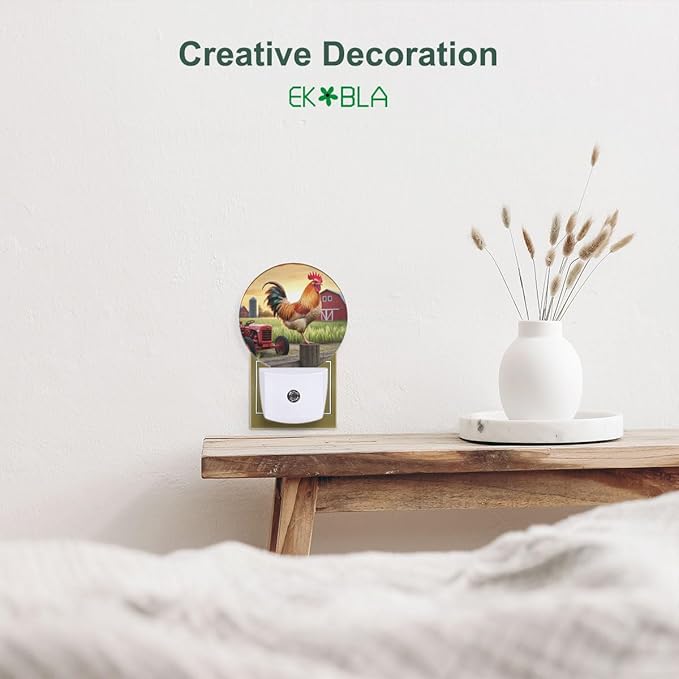 EKOBLA Rooster Night Lights Plug into Wall Rustic Cock Standing on The Fence Farm Animal Led Night Light for Boys Girls Room, Dusk to Dawn Sensor Nightlight for Stairway Hallway Kitchen