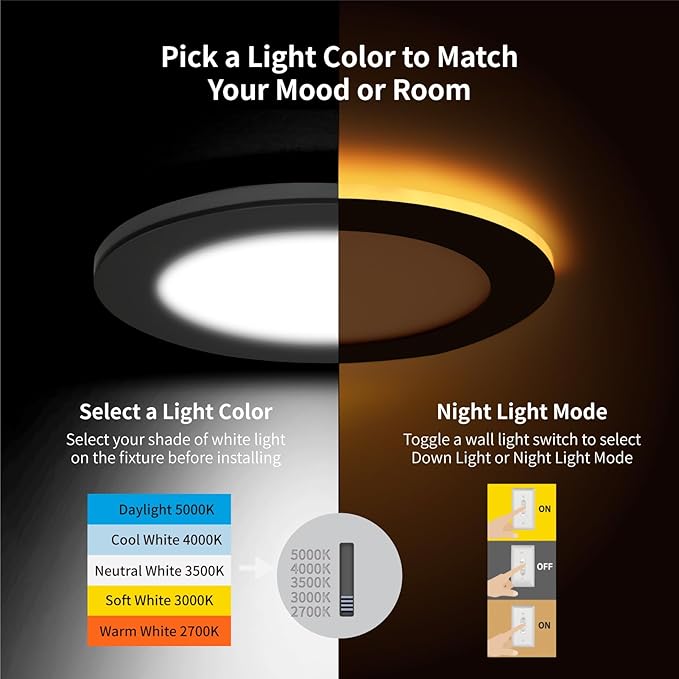 Meconard 6 Pack 4 Inch 5CCT LED Recessed Ceiling Light with Night Light, 2700K/3000K/3500K/4000K/5000K Selectable Ultra-Thin Lighting, 9W=75W, 750LM, Dimmable Canless Wafer Downlight, Black Trim