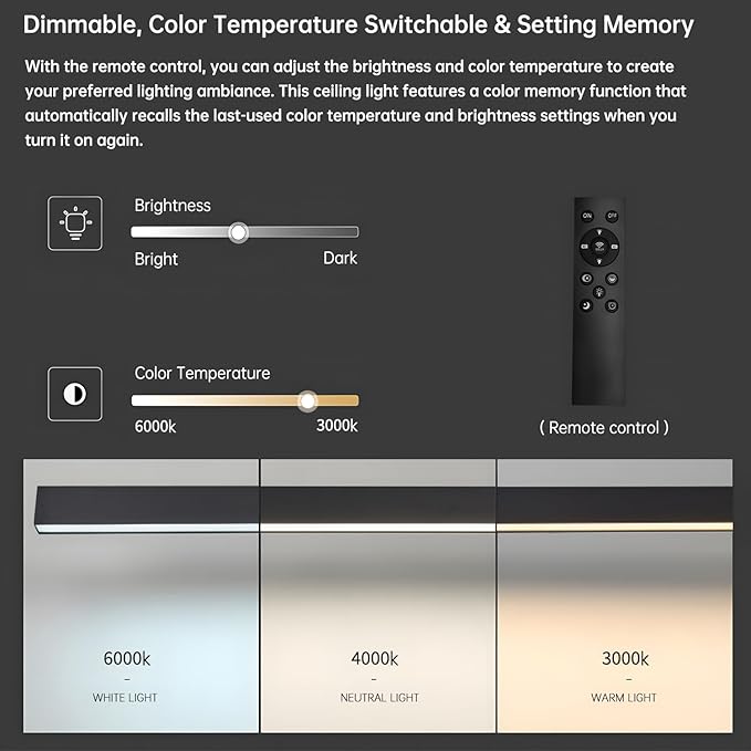 Black ceiling light LED, modern and simple, long strip ceiling surface installation, suitable for living room, bedroom, corridor and kitchen, remote control to switch color and brightness, 31.4 inches