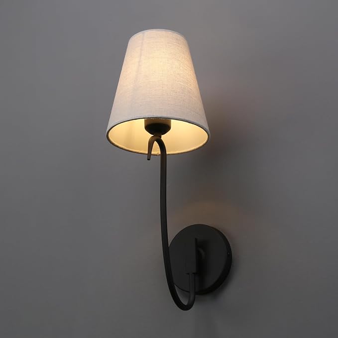 PERMO Vintage Wall Sconce with Goose-Neck Arm and White Fabric Shade – Hardwired Black Sconce E26 Wall Light for Bedroom, Hallway, Living Room & Bathroom