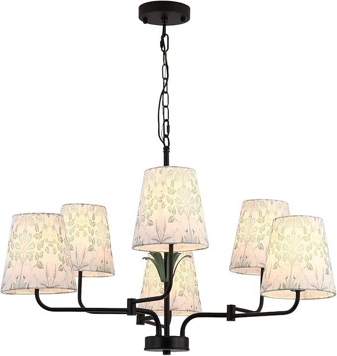 Black Chandeliers with White Fabric Shade, Farmhouse Green Plants Chandelier for Dining Room, Linear Island Lighting Fixture for Kitchen, Industrial, Foyer, Entryway, Living Room,Nature