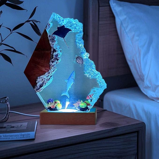 Great White Shark Ocean Resin Lamp, Handmade Resin Night Light for Home Office Decor, Multi-Color LED Light with USB Port, Shark Gifts for Birthday Holiday, Valentine's Day Gifts for Him Kids (9"x6")