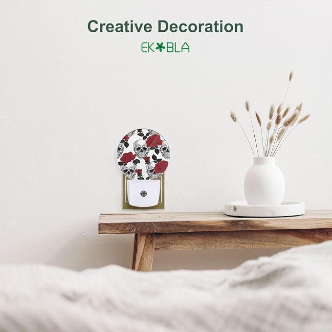 EKOBLA Halloween Decorative Night Light Red Rose and Skull Dead Head Vintage Night Lights Plug into Wall Dusk to Dawn Sensor for Men Women Boys Girls