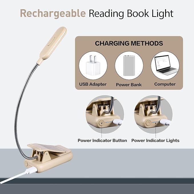 VAVOFO Rechargeable Book Light for Reading in Bed Kids, 7 LED Reading Light with 9-Level Warm Cool White Daylight, Eye Care Lamp with Power Indicator for Bookworms (Khaki)