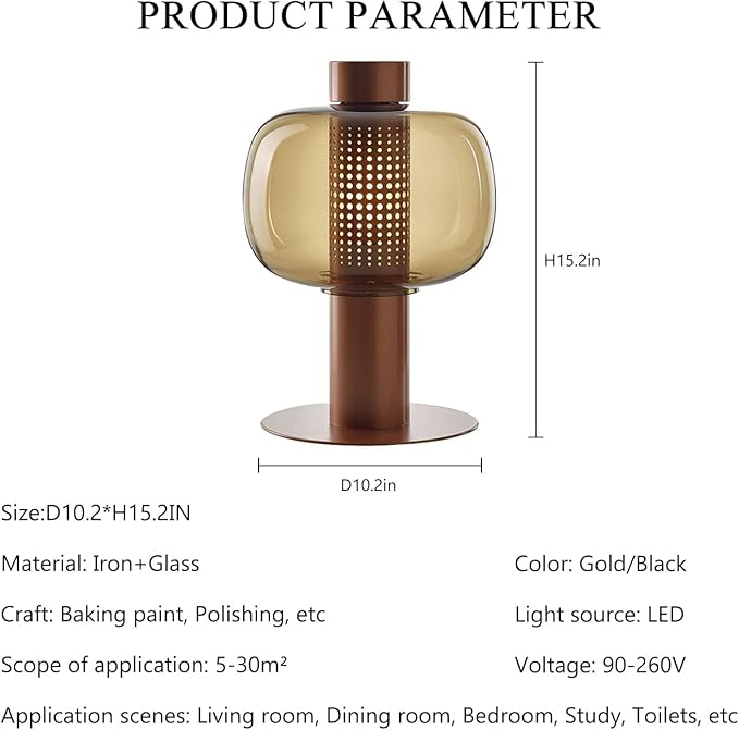 Modern Amber Glass Table Lamp Glass Shade Gold Base Desk Lamp Minimalist Design Living Room Bedroom Office Coffee Shop Dimmable LED Light Decor Ambient Lighting