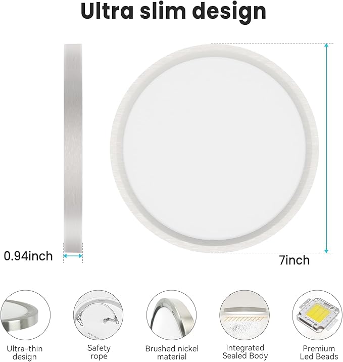 libtit 7 Inch Nickel Brushed Flush Mount Ceiling Light, 15W Ceiling Light Fixture,3000K/4000K/6500K Color Selectable,Ultra-Thin Round Ceiling Lighting Fixture for Bedroom Kitchen Pantry, 2 Pack