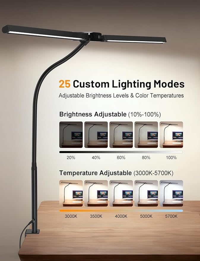 32.8'' Desk Lamp with Clamp for Home Office, Eye-Caring LED Desk Lamp, Dimmable Table Clip Lamp for Dual Screen Computer Monitor, Adjustable Color Lighting Mode Computer Monitor Light