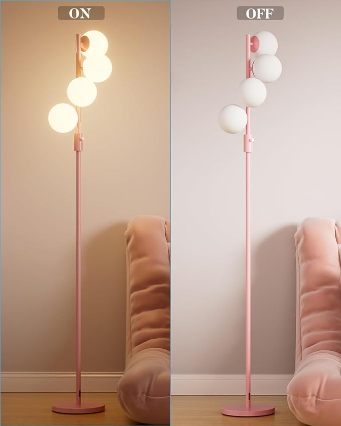 Lightdot 64IN Dimmable (Brightness Adjustable) Globe Floor Lamp, Pink Standing Lamps with 4PCS 3000K G9 Bulbs Soft Warm White Eye Care, Mid Century Modern Floor Lamp for Living Room